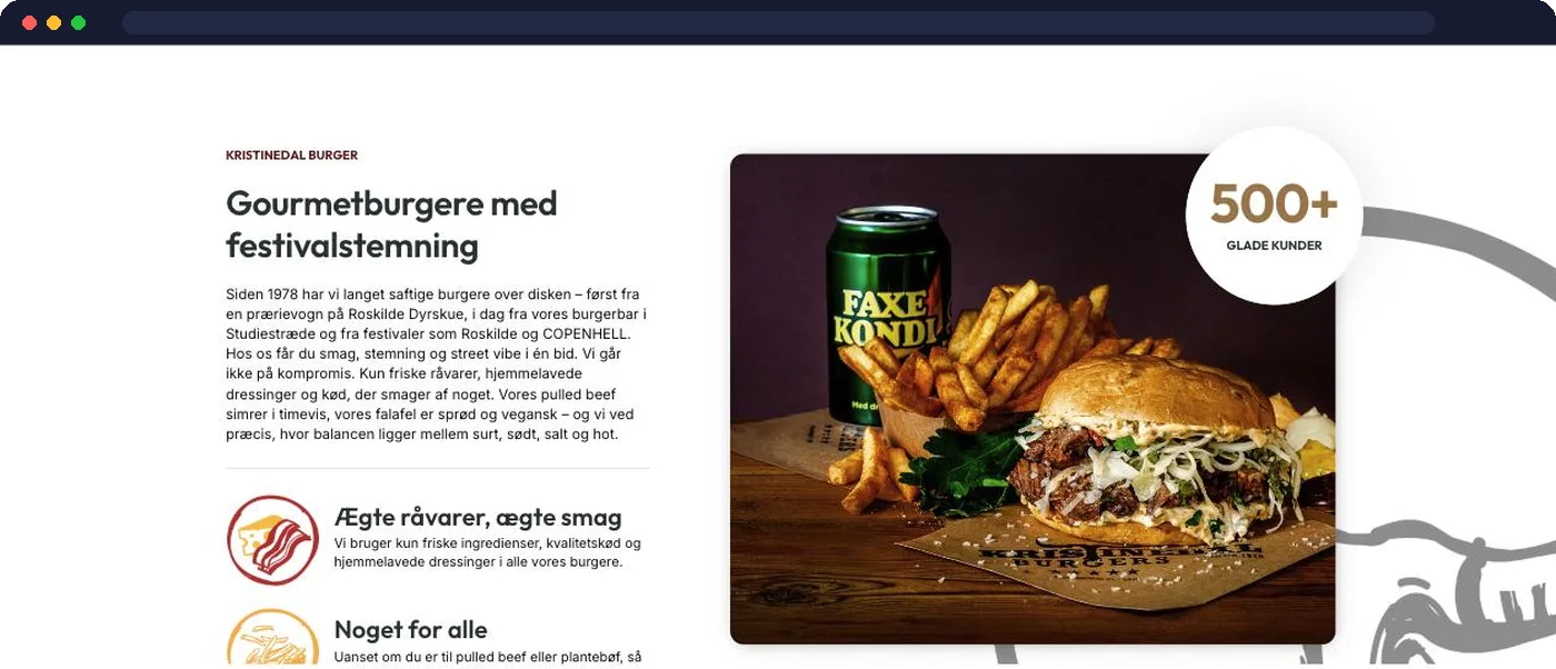Kristinedal Burgers – hjemmeside udviklet af Talento